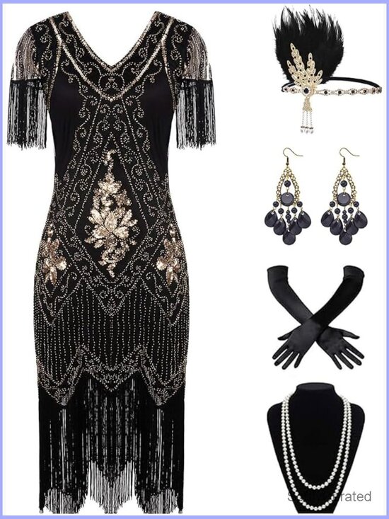 Dresses & Skirts - Plus Size 1920s Flapper Fringed Sequin Cocktail Dress with Accessories